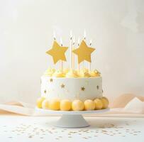 AI generated three gold stars on a birthday cake photo