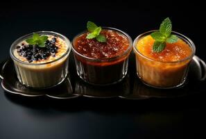 AI generated three dishes with dessert creme brulee topping photo