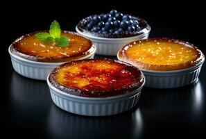 AI generated three dishes with dessert creme brulee topping photo