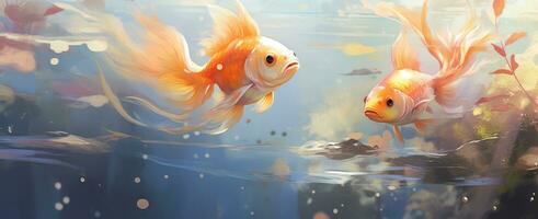 ai generado dos pez de colores nadando debajo un estanque con agua que cae foto