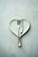 ai generado esta imagen revela un plato con un corazón conformado tenedor foto