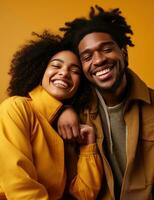 AI generated two black Americans hugging and smiling on a brown background photo