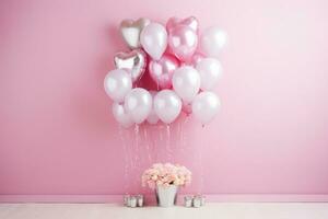 ai generado rosa, blanco y plata corazón globos en rosado antecedentes foto