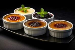 AI generated three dishes with dessert creme brulee topping photo