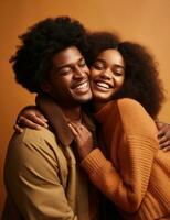 AI generated two black Americans hugging and smiling on a brown background photo