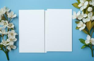 AI generated two blank white wedding invites with white flowers on a blue background photo