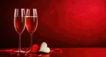 AI generated two glasses of champagne and a heart are on red background photo