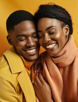 AI generated two black Americans hugging and smiling on a brown background photo