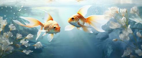 AI generated two goldfish swimming under a pond with water falling photo