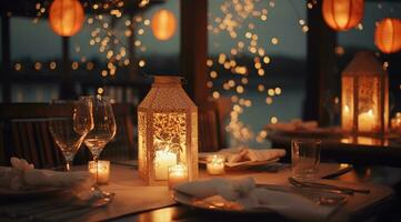 AI generated table setting in a restaurant with lanterns and candles photo