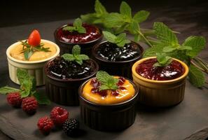 AI generated six desserts are topped with berries and mint photo