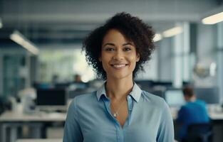 AI generated smiling africanamerican woman in a business office photo