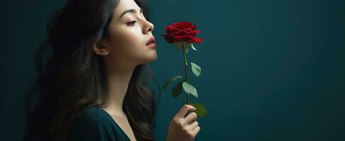 AI generated young woman posing looking at pink rose and smelling it photo