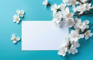 ai generado blanco invitaciones tarjetas con flores en un azul mesa foto