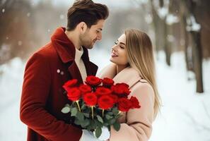 AI generated young couple holding red roses in a winter snow photo