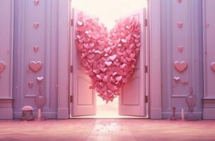 AI generated a door is open with multiple red hearts coming out photo