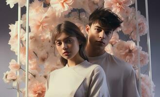 AI generated young man and woman standing in the background with flowers photo