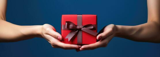 AI generated woman opens present in red hand holding gift box photo