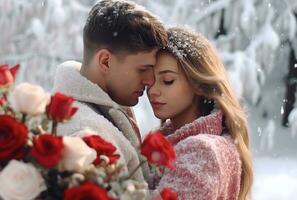 AI generated man in winter hugs with couple on snow photo