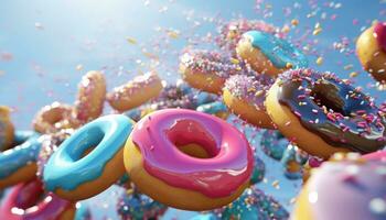 AI generated various colorful donuts in the air photo