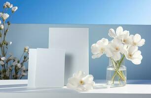 ai generado blanco tarjetas sentado en un mesa siguiente a blanco flores foto