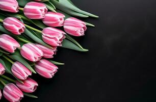 ai generado rosado tulipanes son rodeado por negro negro y blanco a rayas antecedentes foto