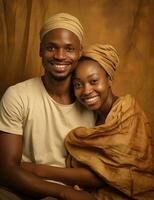 ai generado joven africano Pareja en marrón papel, sonriente y brazo en brazo foto