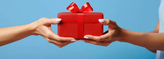 AI generated woman opens present in red hand holding gift box photo