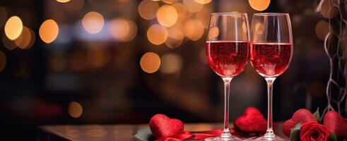 AI generated wine glasses and a red rose set on the table photo