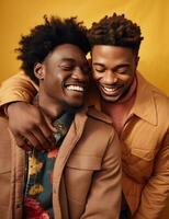 AI generated two black Americans hugging and smiling on a brown background photo