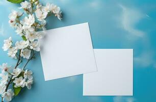 ai generado dos blanco blanco Boda invita con blanco flores en un azul antecedentes foto
