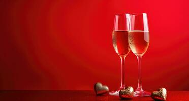 AI generated two glasses of champagne and a heart are on red background photo