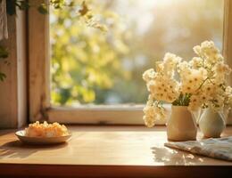 ai generado un de madera mesa cerca un abierto ventana con flores en eso foto