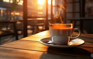 AI generated cup of cafe, sunrays shine upon it photo