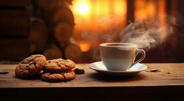 AI generated a cup of coffee next to cookies in front of a wood burner photo