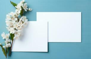 AI generated two white blank wedding cards on a blue background photo