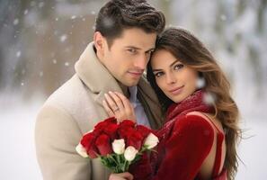 AI generated young couple holding red roses in a winter snow photo