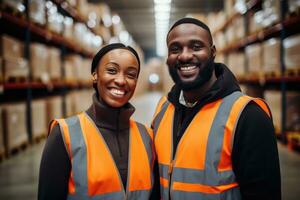 AI generated warehouse workers smiling collectively photo