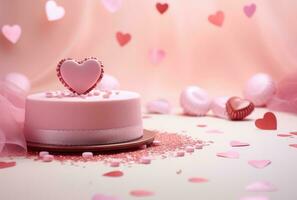 ai generado san valentin día en rosado antecedentes con caramelo corazones foto