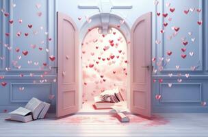 AI generated a door is open with multiple red hearts coming out photo