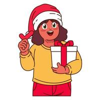 A Girl in a Santa hat holding a Christmas gift vector