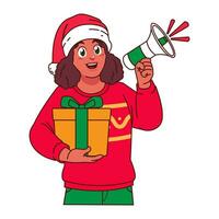 Black Woman in Christmas sweater and Santa hat holding a gift box vector