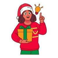 Black Woman in Christmas sweater and Santa hat holding a gift box vector