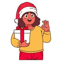 A Girl in a Santa hat holding a Christmas gift vector