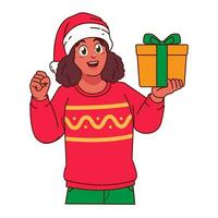 Black Woman in Christmas sweater and Santa hat holding a gift box vector