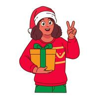 Black Woman in Christmas sweater and Santa hat holding a gift box vector