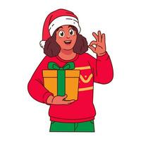 Black Woman in Christmas sweater and Santa hat holding a gift box vector