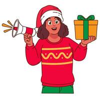 Black Woman in Christmas sweater and Santa hat holding a gift box vector