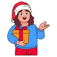 A Girl in a Santa hat holding a Christmas gift vector