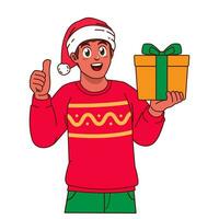 Black Man in Christmas sweater and Santa hat holding a gift box vector